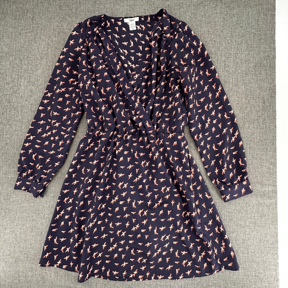 Bar III Dress Long Sleeve‎ Bird Print XS Navy V-Neck Lightweight Polyester